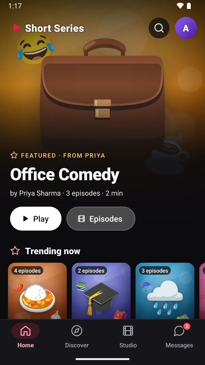 Short Series home screen: the featured series Office Comedy by Priya Sharma, with Play and Episodes buttons and a Trending now row.